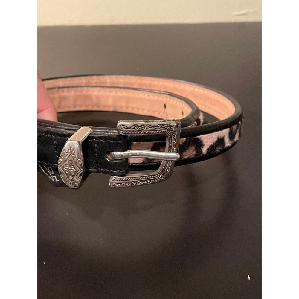 BRIGHTON LEATHER FAUX CHEETAH FUR SILVER BUCKLE BELT